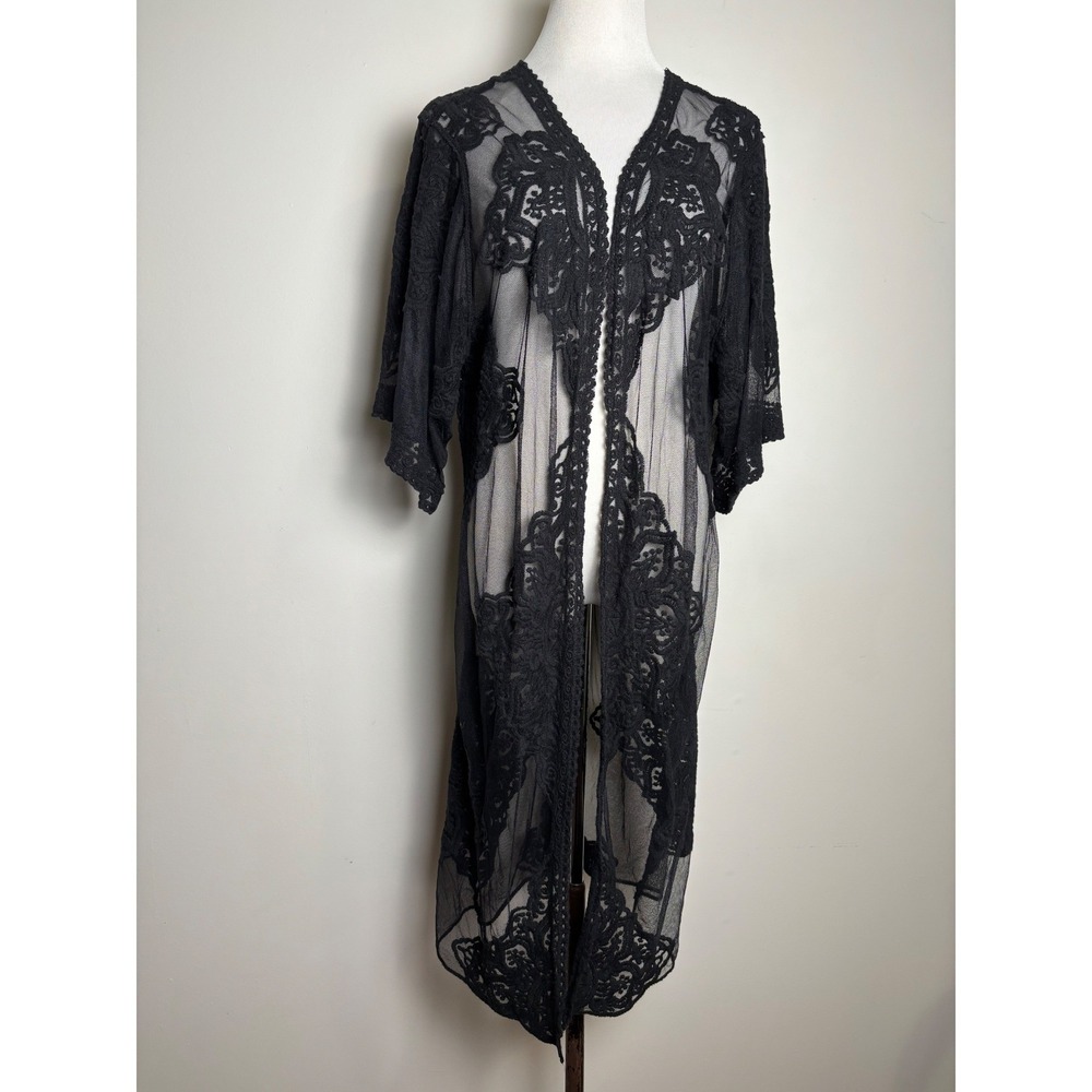 Sheer Black Mesh Lace Kimono Duster S/M Boho Festival Whimsigoth Fairy Grunge